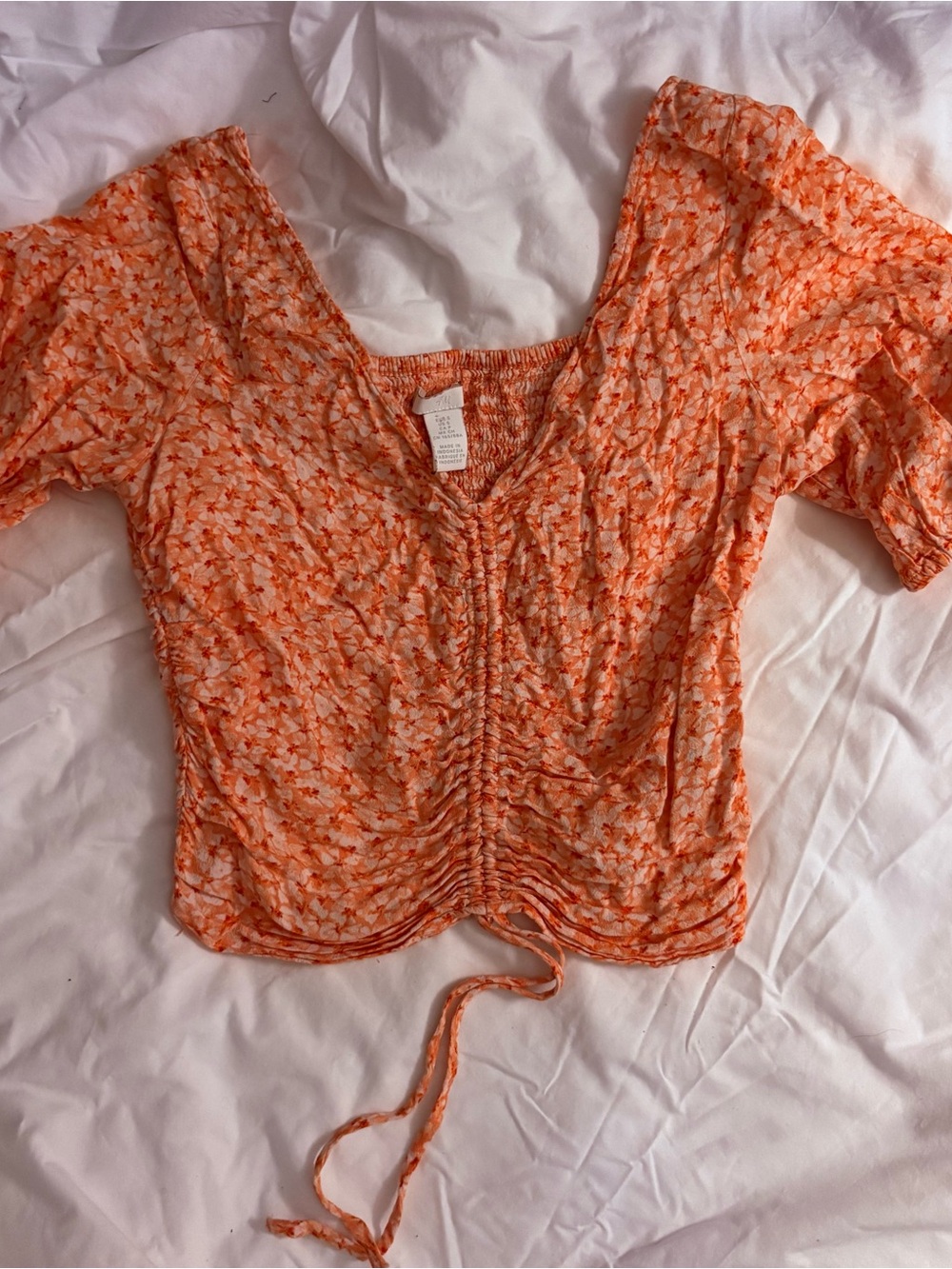 H&M Orange Floral Ruched Front Women’s Top S small